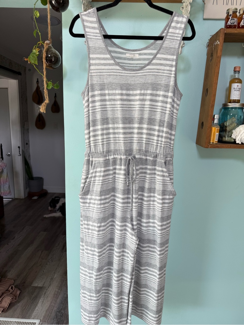 Maurices Women's Soft Gray Striped Sleeveless Drawstring Jumpsuit Size Medium